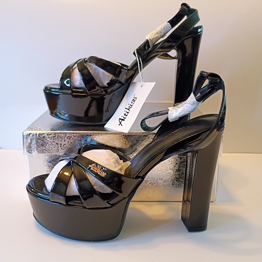 Aititkiss Black Patent Platform Chunky Heel Strappy Sandals
